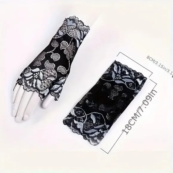 Green & Black Lace Half Finger Gloves | Breathable Elegant Pair - Picture 3 of 5
